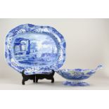 A LARGE SPODE ITALIAN LANDSCAPE PATTERN BLUE AND WHITE MEAT DISH, Impressed Spode, 47cm long, and AN