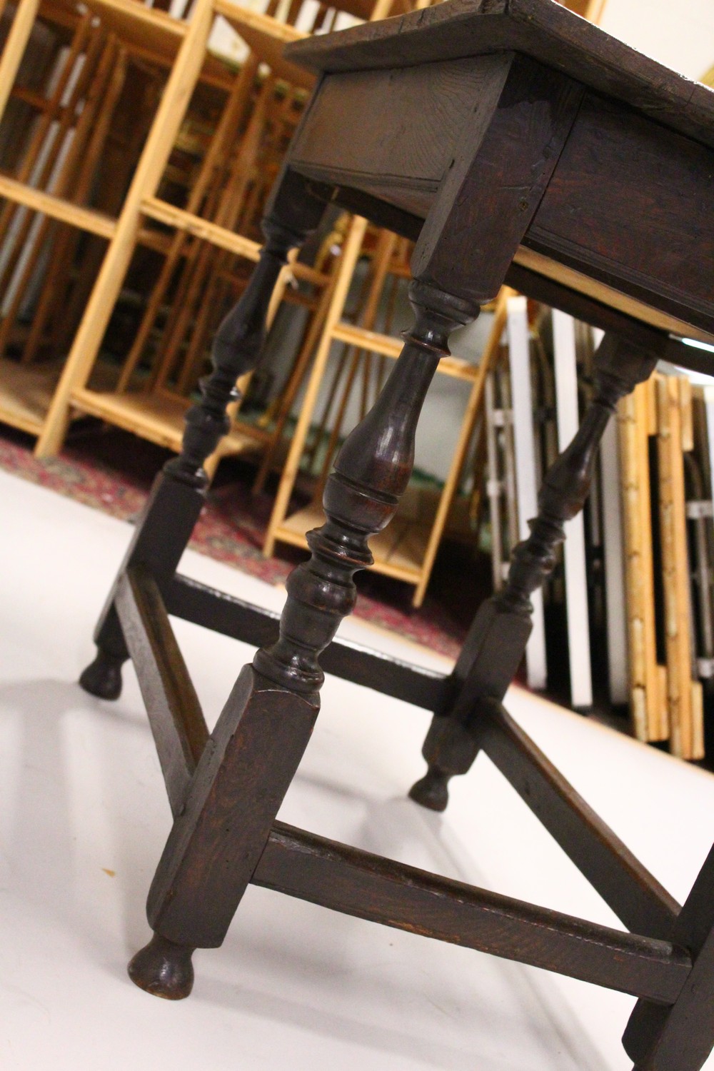 AN 18TH CENTURY OAK SIDE TABLE, with a single long drawer, on turned legs united by stretchers. 84cm - Image 11 of 11