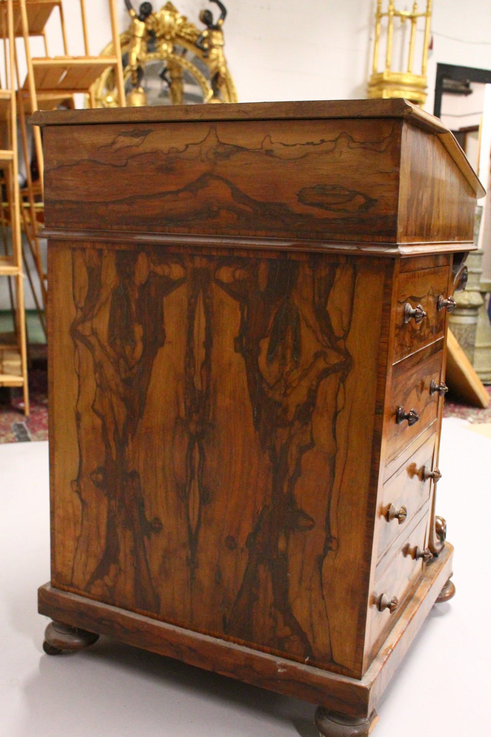 A 19TH CENTURY FIGURED WOOD DAVENPORT, with leather inset writing surface, four drawers to the - Image 14 of 19