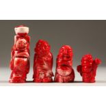 FOUR CARVED CORAL FIGURES. 8cms and smaller.
