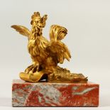 A GOOD CAST AND GILDED BRONZE MODEL OF A COCKEREL, seated on an open book, on a variegated rouge