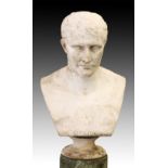 A VERY GOOD CARVED MARBLE BUST OF NAPOLEON I, on a socle base, with a green granite column