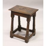 A 19TH CENTURY OAK JOINT STOOL ON TURNED LEGS. 44cm wide x 54cm high.