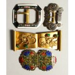 A PAIR OF ENAMEL BUCKLES and THREE OTHERS.