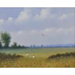 Sidney Restall (1935- ) British. A Landscape, with Figures Flying a Kite, Oil on Board, Signed, 4" x