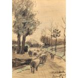 Willem Steelink (1856-1928) Dutch. Sheep in a Lane, Mixed Media, Signed, Inscribed 'To Mrs Heaton'