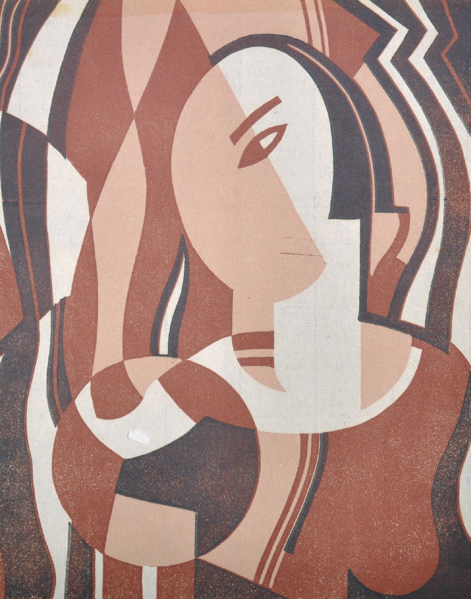 Leonard Beaumont (1891-1986) British. "Vanity", a Cubist form of a Figure, Linocut in Colours,