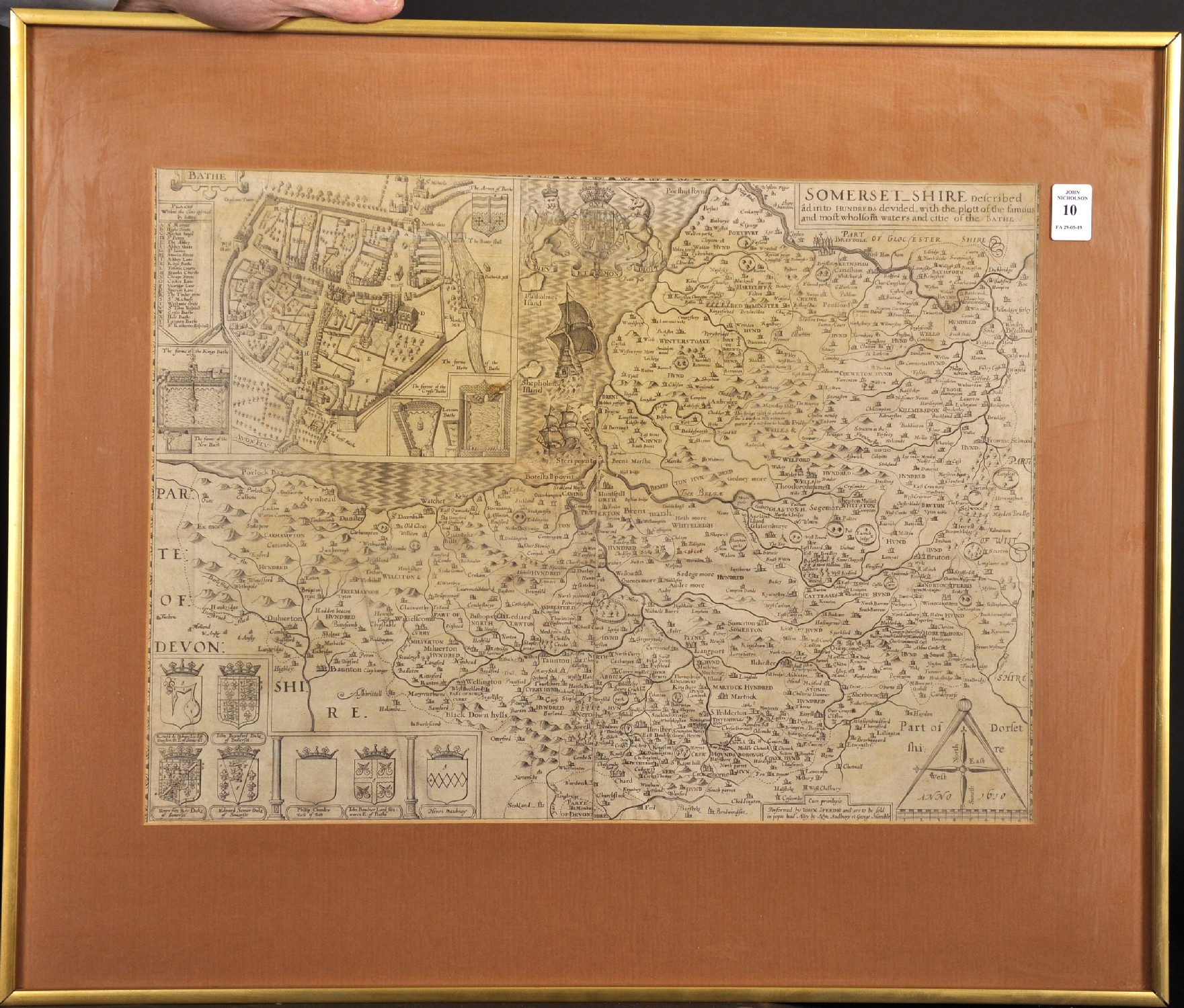 John Speede (1552-1629) British. "Somerset_Shire", Map, 14" x 19.25". - Image 2 of 4