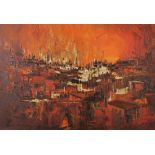 Ahuva Sherman (1928- ) Israeli. "Haifa", A Townscape with a Red Sky, Oil on Canvas, Signed, and