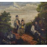 19th Century Mongolian School. Three Natives in a Landscape, Oil on Canvas, In a Maple Frame, 8" x