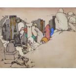 Mabel Alington Royds (1874-1941) British. "A Local Market, Benares", Hand Coloured Woodcut, Signed