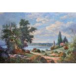 Ball (20th Century) British. A Continental Lake Scene, with a Figure seated under a Tree, Oil on