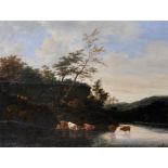 18th Century English School. A River Landscape, with Cattle watering in the foreground, Oil on
