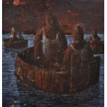 Attributed to Dominic Gnoli (1933-1970) Italian. Figures in Barrel Boats at Dusk, Tempura, Signed,