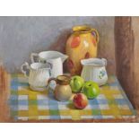 20th Century English School. Still Life of Apples and Assorted China Jugs, Oil on Board, Unframed,