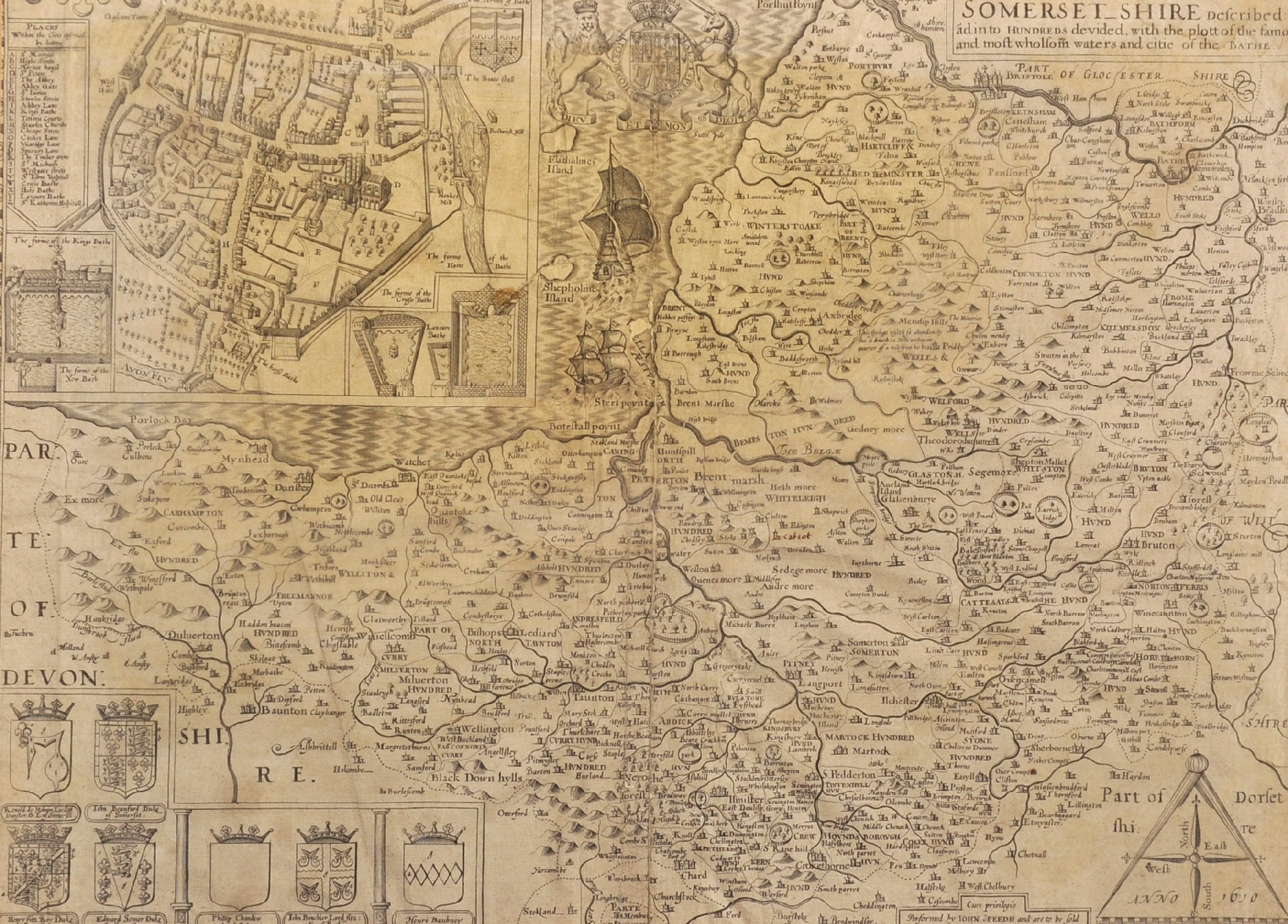 John Speede (1552-1629) British. "Somerset_Shire", Map, 14" x 19.25".