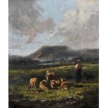 J... Wilson (19th Century) British. A Shepherd with his Flock and Sheep Dog in an Italianate