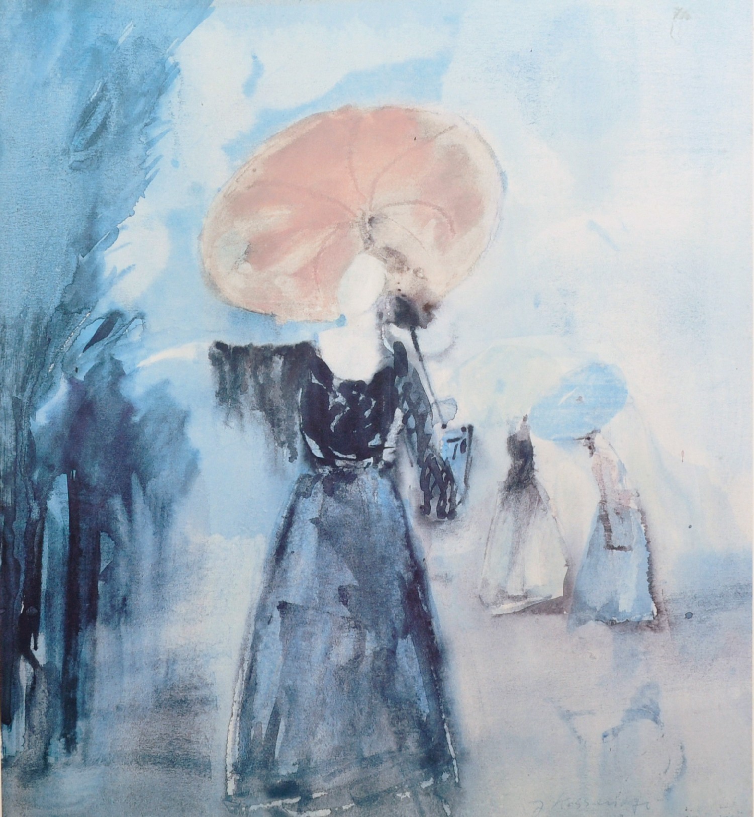 20th Century French School. A Girl with a Pink Parasol, Lithograph, Indistinctly Signed, 17" x 15.