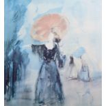 20th Century French School. A Girl with a Pink Parasol, Lithograph, Indistinctly Signed, 17" x 15.