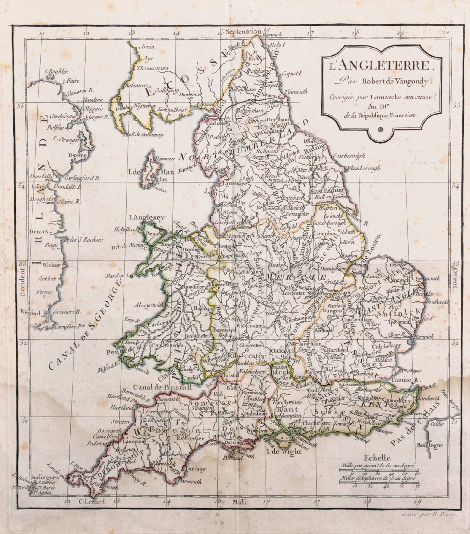 Robert de Vaugondy (1688-1766) French. "L'Angleterre", Map, 9.5" x 8.75".