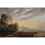 19th Century English School. A River Landscape, with Figures by a Cottage in the foreground, and a