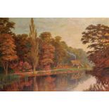 W... M... Hanna (19th - 20th Century) British. A River Landscape, with Figures by a Cottage, Oil