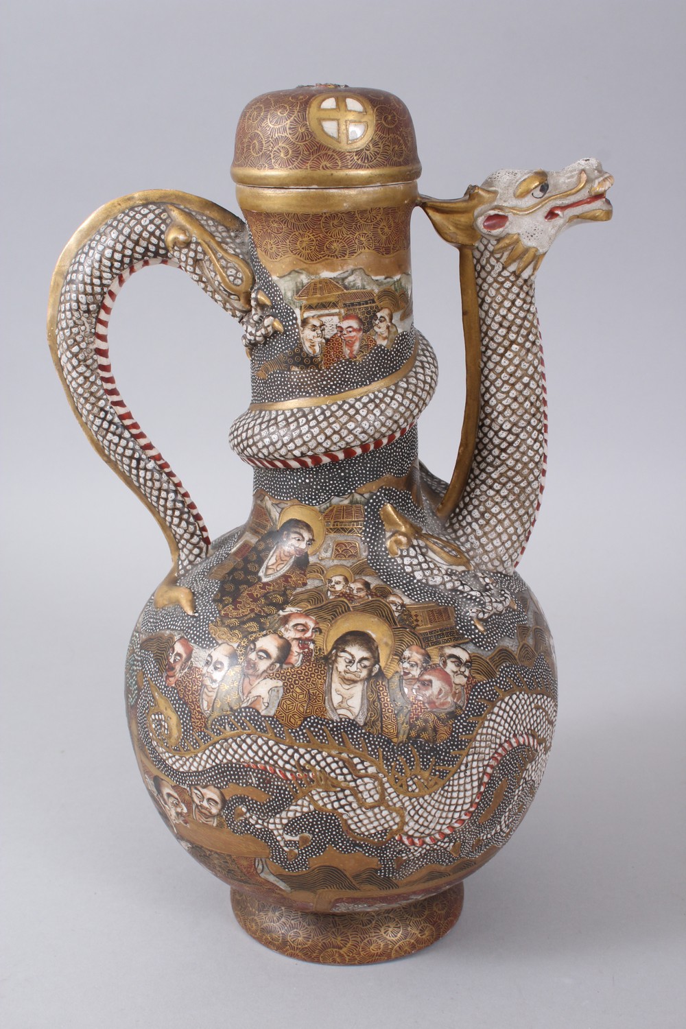 A 19TH CENTURY JAPANESE SATSUMA VASE, DRAGON EWER AND COVER. 29cms high. - Image 3 of 12