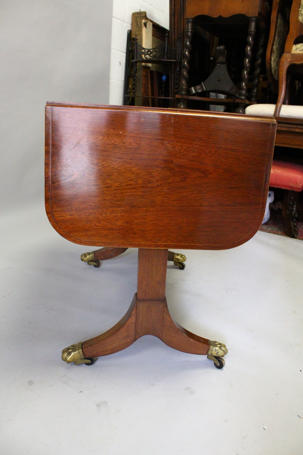 A GEORGIAN STYLE MAHOGANY INLAID SOFA TABLE, with folding flap, two small drawers, on end supports - Image 3 of 11