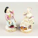 A GOOD PAIR OF MEISSEN PORCELAIN GROUPS OF A BOY AND GIRL sitting on a chair. Cross swords mark in