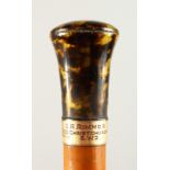 A GOOD VICTORIAN MALACCA CANE, with tortoiseshell handle and 18ct gold band. Engraved G. R.
