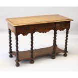 A LARGE 18TH CENTURY STYLE WALNUT LOWBOY with feather banded top, three frieze drawers on barley