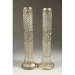 A TALL PAIR OF CUT GLASS VASES, with silver tops. 39cms high. Sheffield 1900.