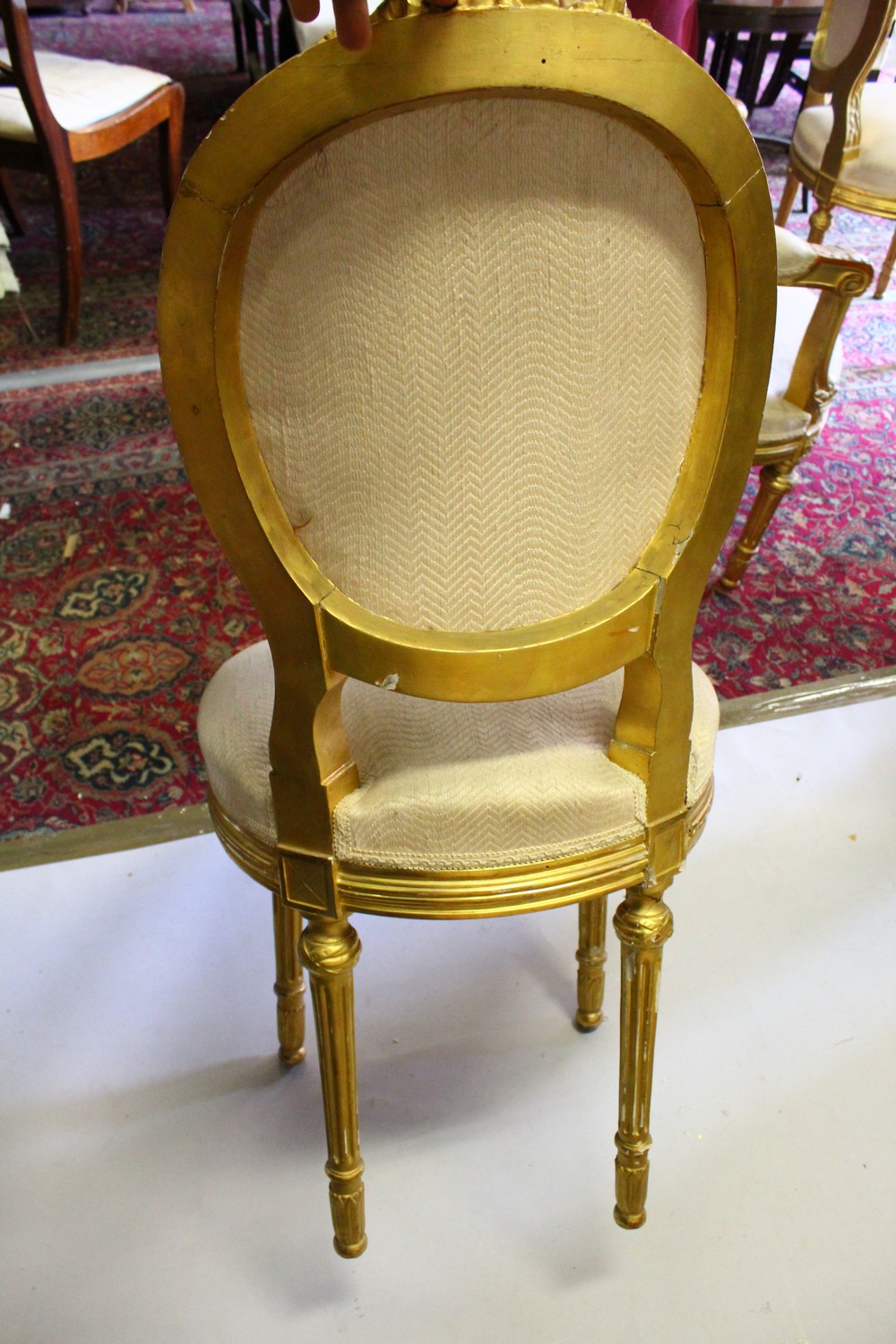 A GOOD LOUIS XVI STYLE GILTWOOD CANAPE, PAIR OF FAUTEUIL and four single chairs with padded backs, - Image 4 of 13