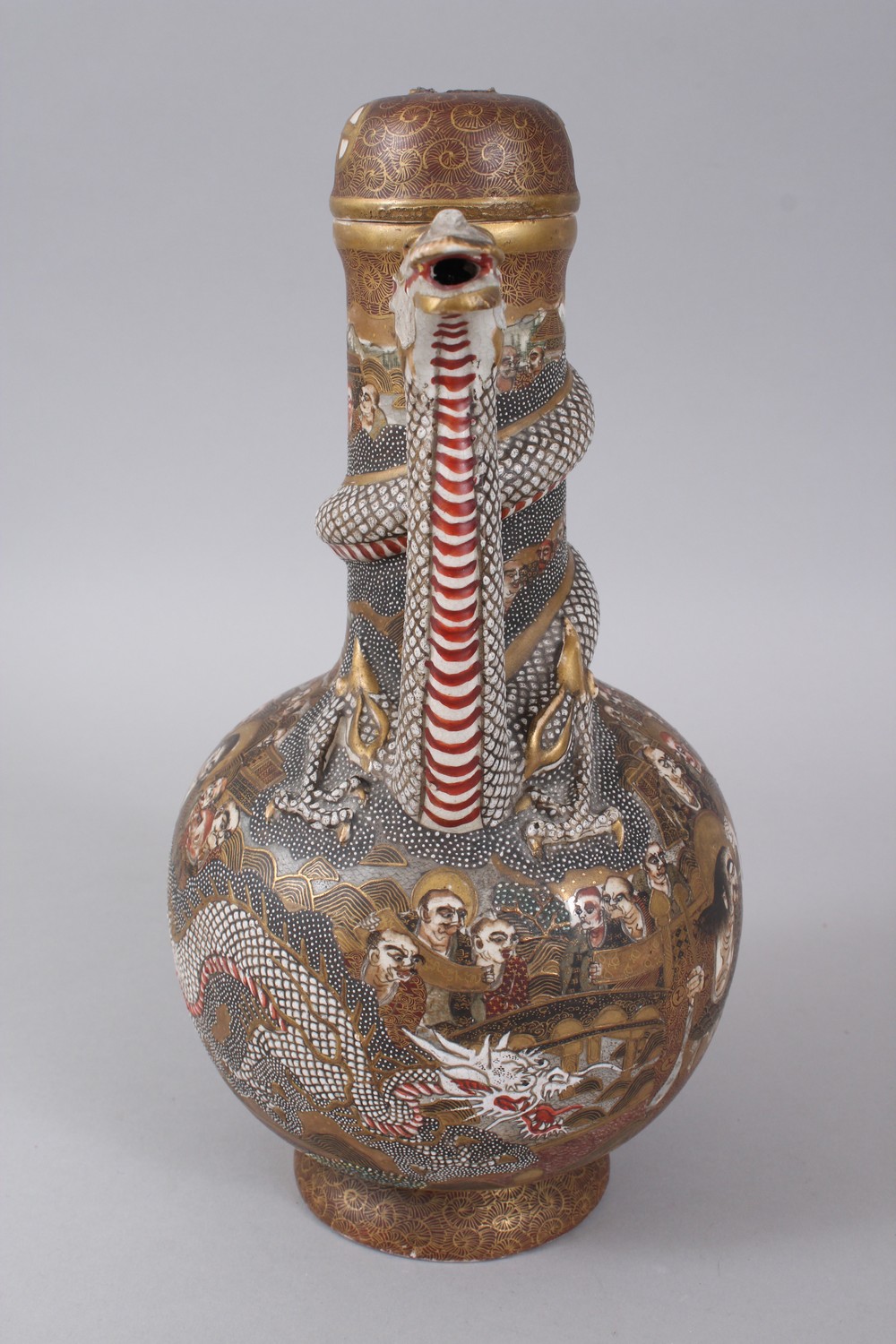 A 19TH CENTURY JAPANESE SATSUMA VASE, DRAGON EWER AND COVER. 29cms high. - Image 2 of 12