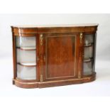 A VICTORIAN WALNUT INLAID CREDENZA, with central panel door and bowfronted glass ends with ormolu
