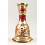 A GOOD BOHEMIAN RUBY, GILT AND ENAMEL DECORATED BELL SHAPED DECANTER, with two oval portraits.
