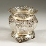 A SMALL STEVENS & WILLIAMS/WEBBS CRYSTAL ROSE BOWL, with pierced silver mounts. London 1909.