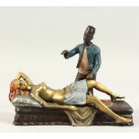 A VIENNA STYLE COLD PAINTED BRONZE OF AN ARAB AND RECLINING FEMALE FIGURE. 19cms long.