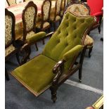A GOOD 19TH CENTURY ROSEWOOD FRAMED METAMORPHIC ARMCHAIR, with button upholstered back, turned and