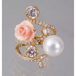 A SILVER, GOLD PLATED, CORAL ROSE AND PEARL RING.