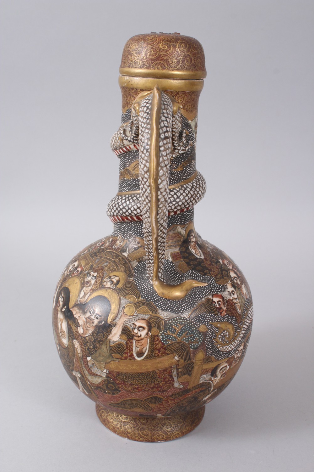 A 19TH CENTURY JAPANESE SATSUMA VASE, DRAGON EWER AND COVER. 29cms high. - Image 4 of 12