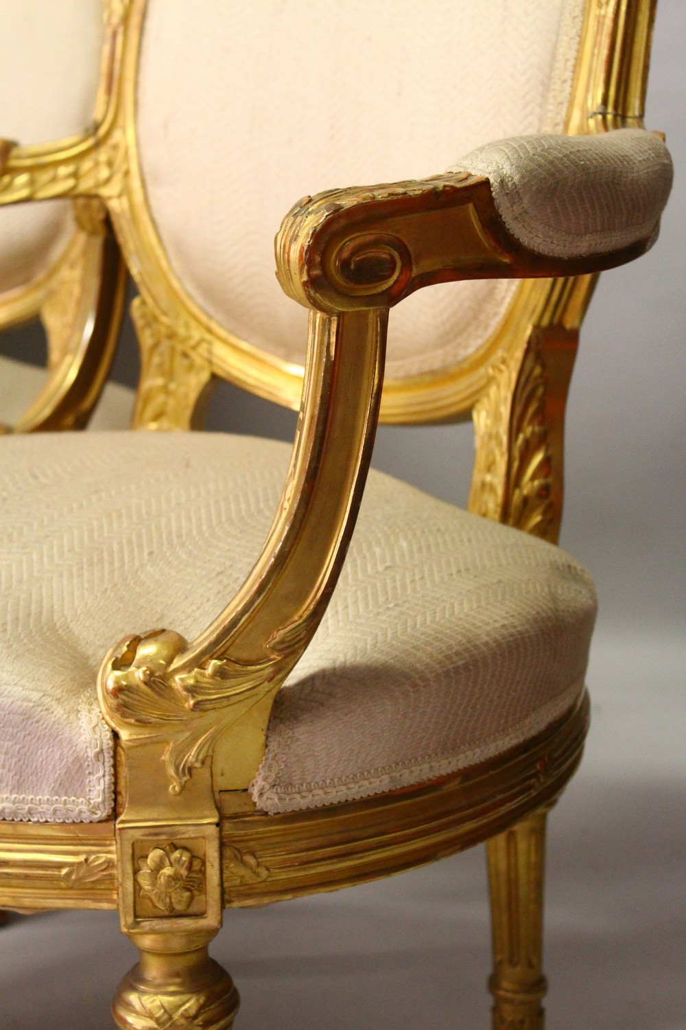 A GOOD LOUIS XVI STYLE GILTWOOD CANAPE, PAIR OF FAUTEUIL and four single chairs with padded backs, - Image 3 of 13