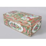 A GOOD CANTON CHINESE RECTANGULAR BOX AND COVER, painted with panels of figures and flowers. 18cms