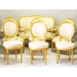 A GOOD LOUIS XVI STYLE GILTWOOD CANAPE, PAIR OF FAUTEUIL and four single chairs with padded backs,
