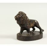 A BRONZE STANDING LION on an oval base. 13cms long.