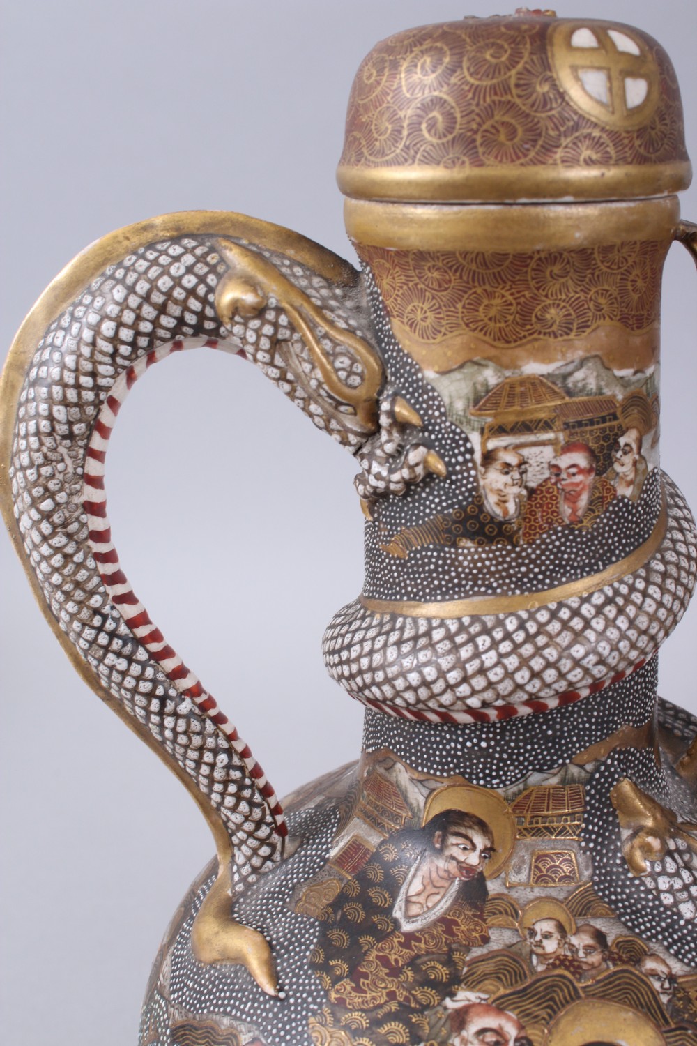 A 19TH CENTURY JAPANESE SATSUMA VASE, DRAGON EWER AND COVER. 29cms high. - Image 8 of 12