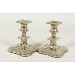 A SMALL PAIR OF SQUAT PLATED CANDLESTICKS, on foliate bases. 14cms high.