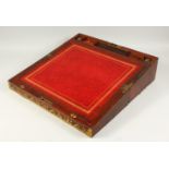 A GOOD LARGE REGENCY MAHOGANY BRASS BANDED WRITING BOX, with leather writing panel and two inkwells.