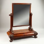 A GOOD WILLIAM IV MAHOGANY TOILET MIRROR, with two cushion fronted drawers, on carved feet. 60cms