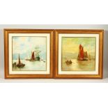 A PAIR OF OILS. COASTAL SCENES, with boats and figures. 30cms x 30cms.